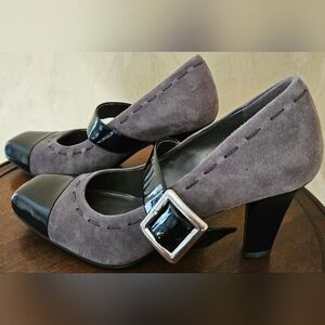 Franco Sarto Genuine Leather Grey Black Buckle Pumps Heels-Size 6.5